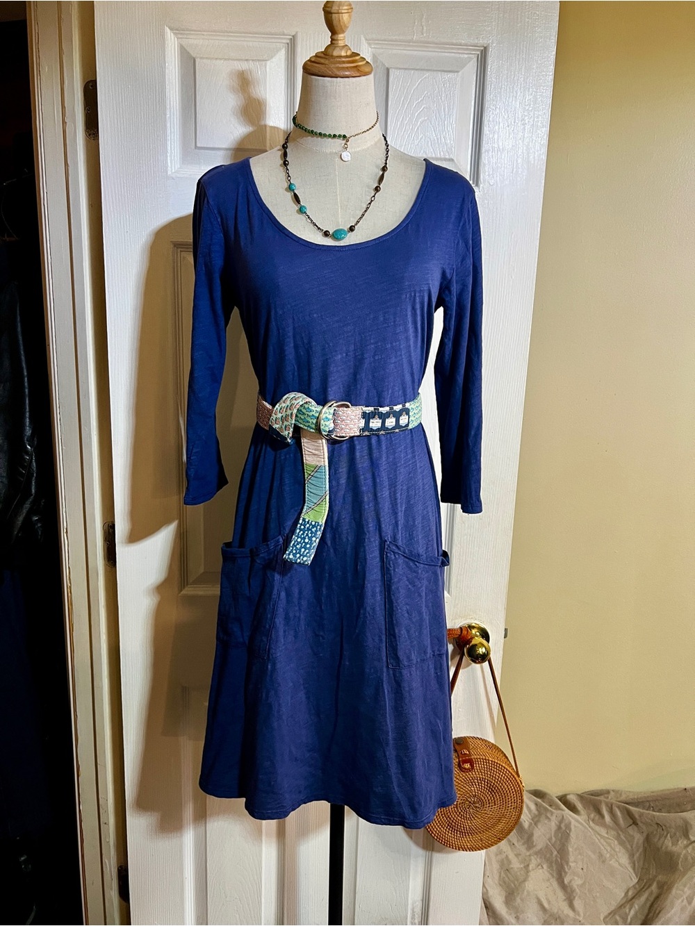 Fresh Produce Wms Blue Cotton 3/4 Sleeve Casual Preppy Minimalist Tee Dress XS